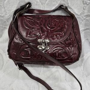 Embossed Floral Leather Crossbody Bag in Burgundy